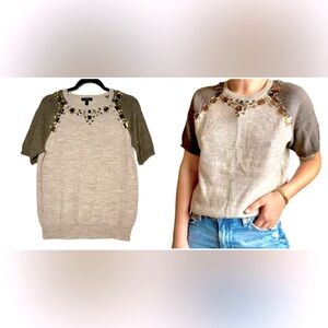 J. Crew Beige and Olive Embellished Sweater